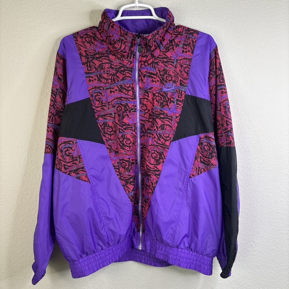 Nike Women Geometric Splatter Windbreaker Running Jacket Retro 90s vtg L Purple